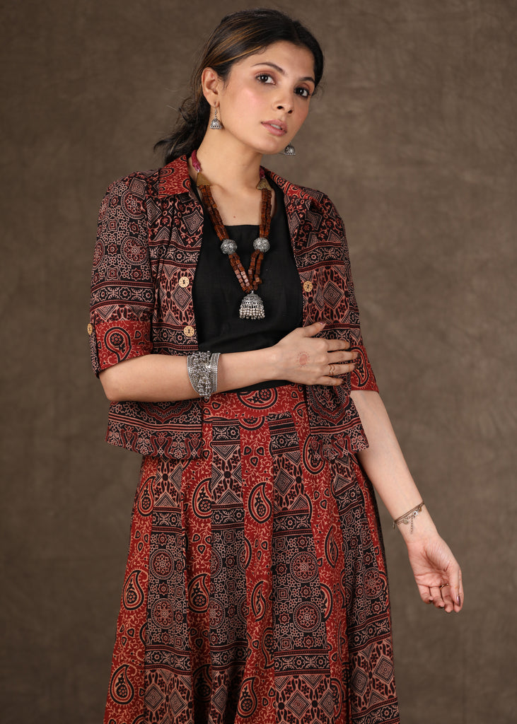 Ajrakh Mix & Match Pleated Skirt with Matching Top & Shrug - 3 Piece (Skirt, Top & Shrug Set)