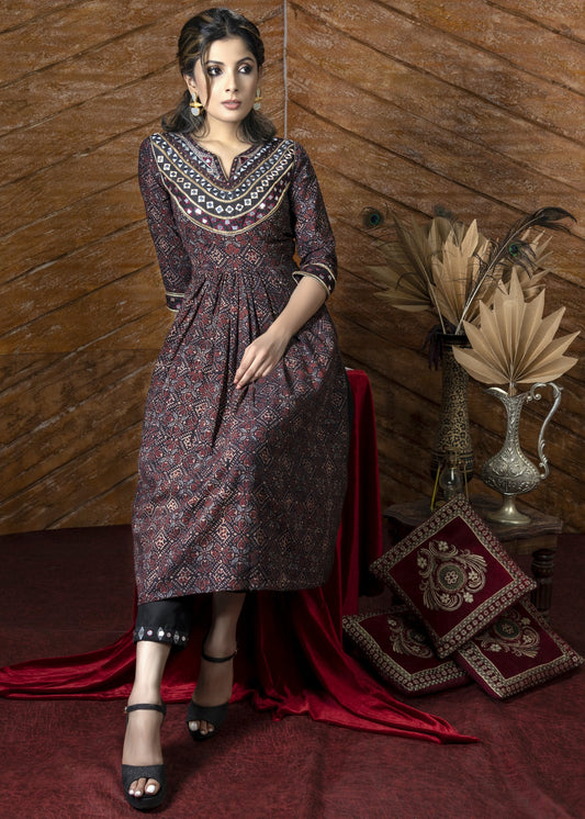Exclusive black Ajrakh Kurta with heavy hand embroidery