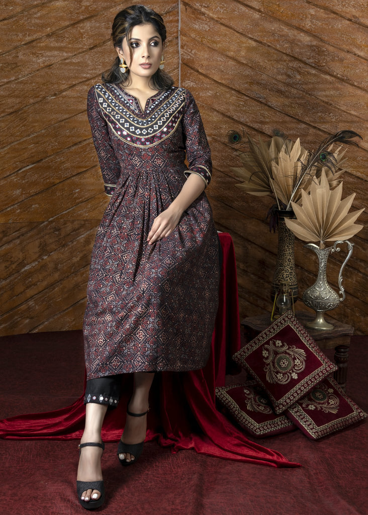 Exclusive black Ajrakh Kurta & pant set with heavy hand embroidery - Dupatta optional.