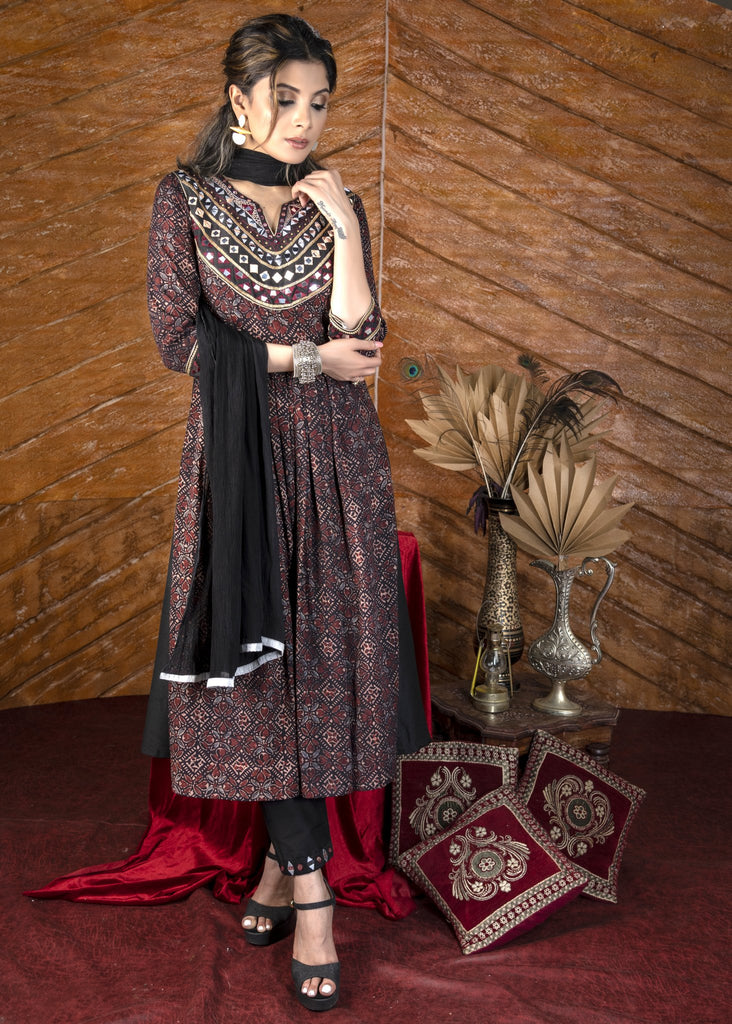 Exclusive black Ajrakh Kurta & pant set with heavy hand embroidery - Dupatta optional.