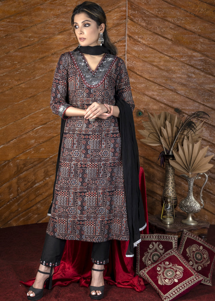Exclusive hand embroidered black geometric Ajrakh Kurta & Pant set - Dupatta optional.