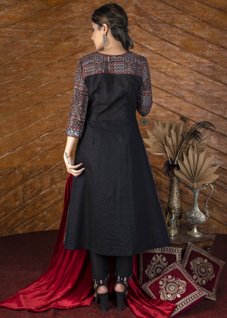 Exclusive hand embroidered black geometric Ajrakh Kurta & Pant set - Dupatta optional.