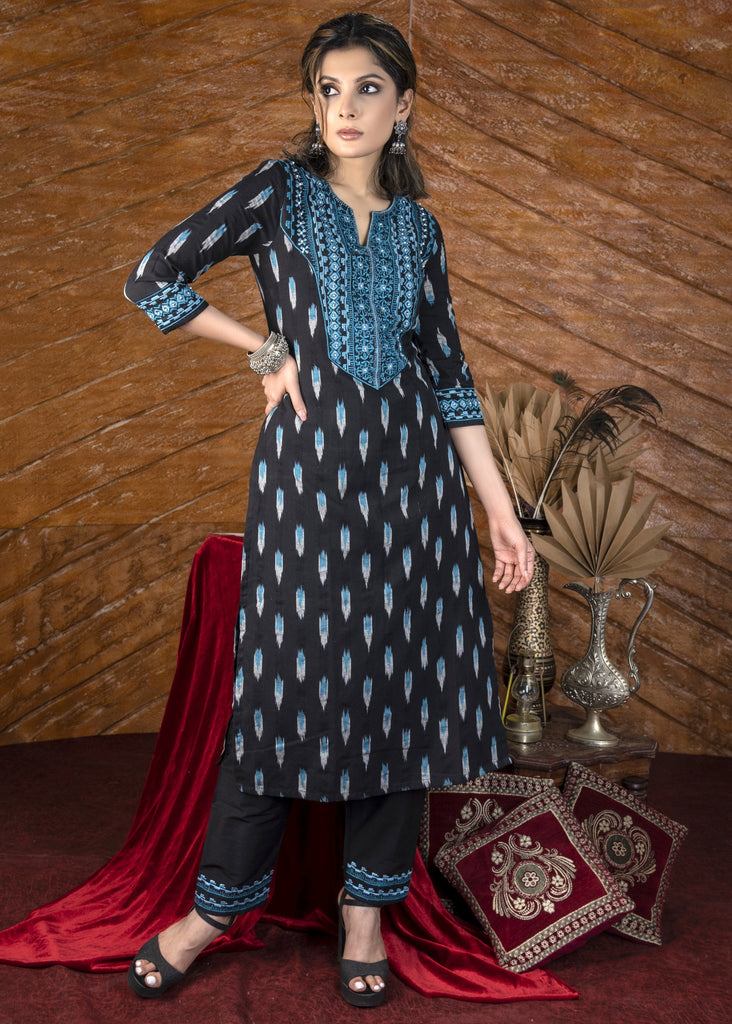 Exclusive black ikat kurta with embroidered yoke.