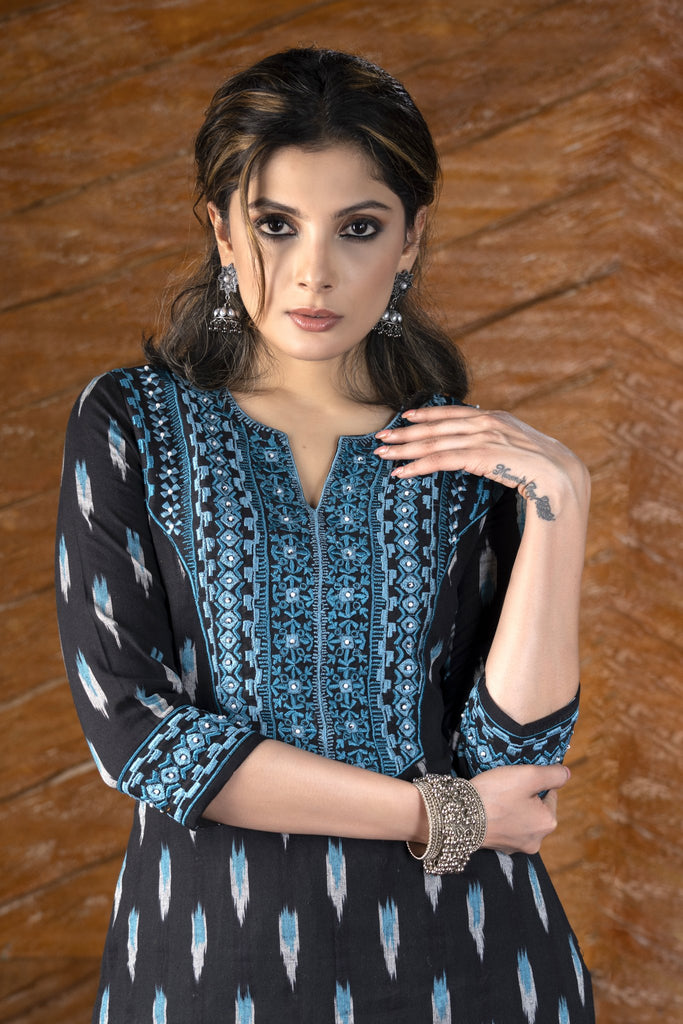 Exclusive black ikat kurta with embroidered yoke.