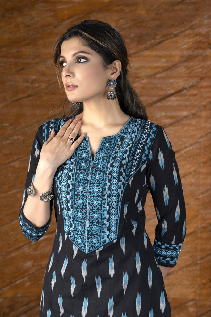 Exclusive black ikat kurta with embroidered yoke.