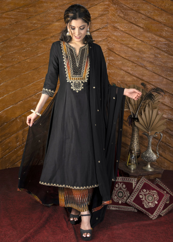 Plain black cotton silk kurta with heavy hand embroidered yoke & ikat palazzo pants - Dupatta optional.