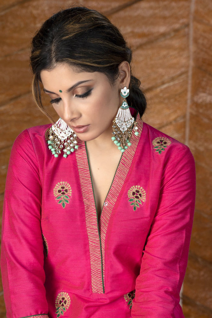 Exclusive embroidered pink cotton silk Kurta & Pant Set - Dupatta optional.