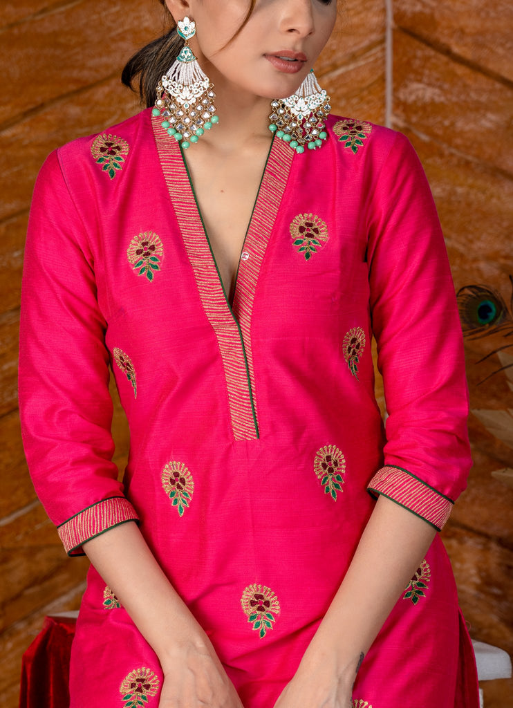 Exclusive embroidered pink cotton silk Kurta & Pant Set - Dupatta optional.