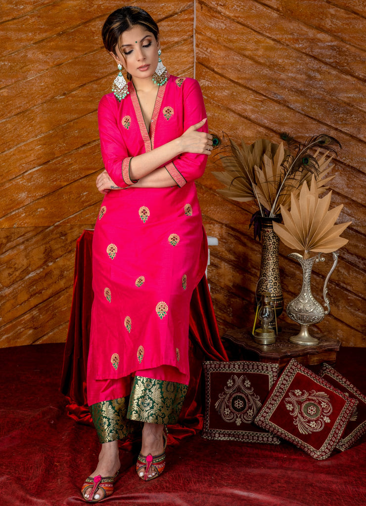 Exclusive embroidered pink cotton silk Kurta & Pant Set - Dupatta optional.