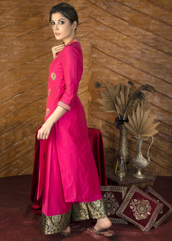 Exclusive embroidered pink cotton silk Kurta & Pant Set - Dupatta optional.