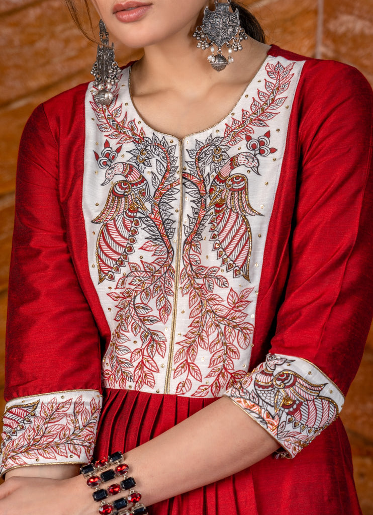 Exclusive maroon cotton silk Kurta & Pant set with authentic hand painted gond tribal art & embroidery - Dupatta optional.