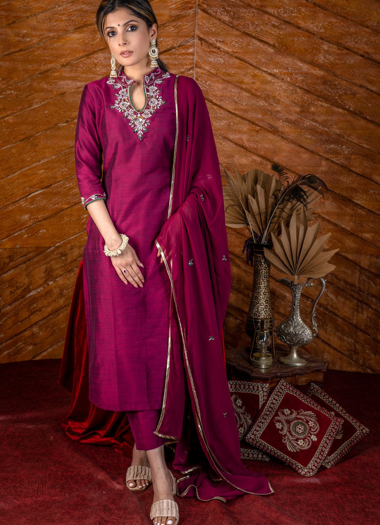 Magenta cotton silk kurta with stone work on yoke with matching pants - Dupatta optional.