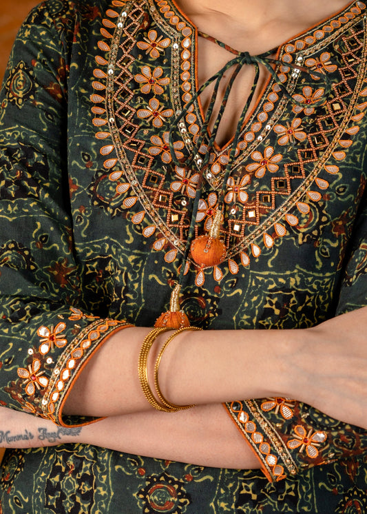 Exclusive hand embroidered Ajrakh block printed kurta