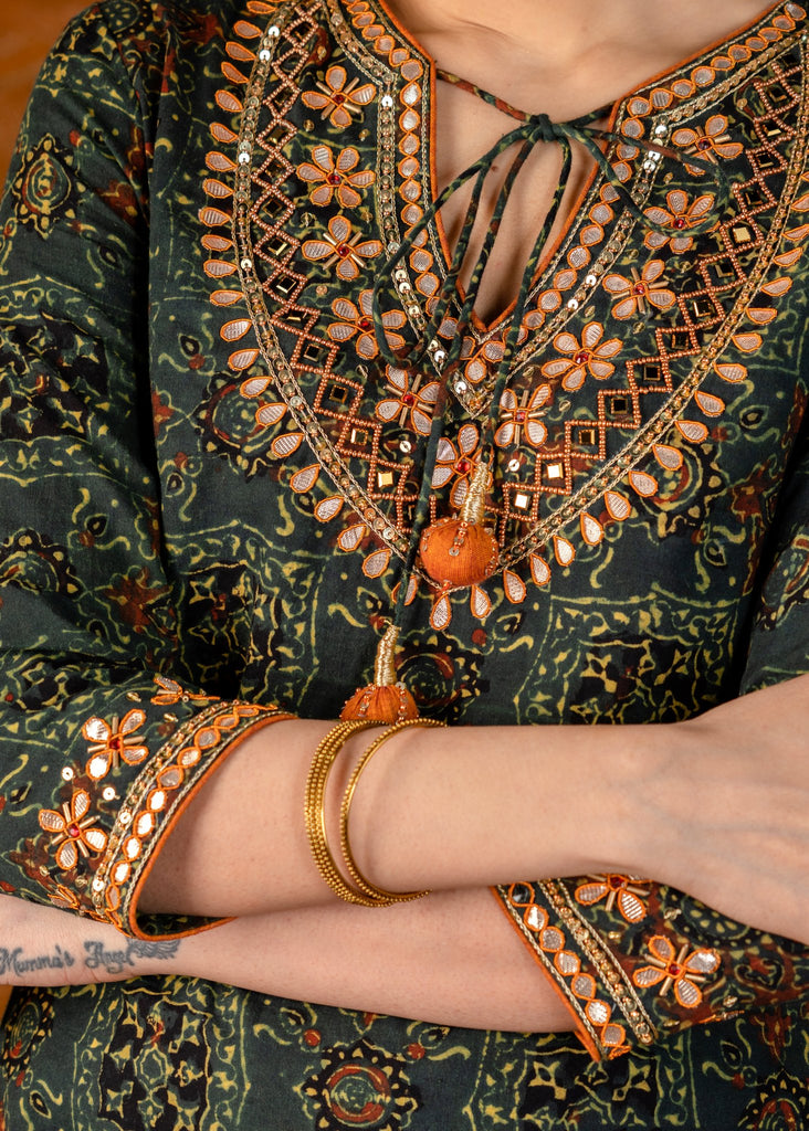 Exclusive hand embroidered Ajrakh block printed kurta & pant set - Dupatta optional.