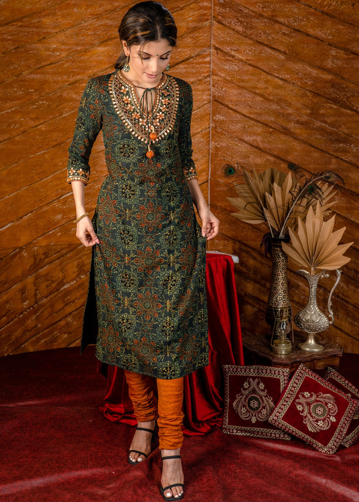 Exclusive hand embroidered Ajrakh block printed kurta & pant set - Dupatta optional.