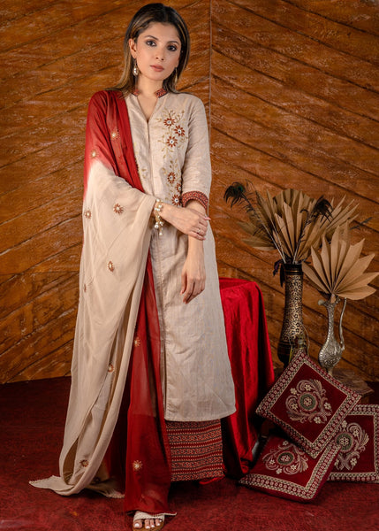 Exclusive embroidered cotton kurta with printed Ajrakh pallazo pant - Dupatta optional.