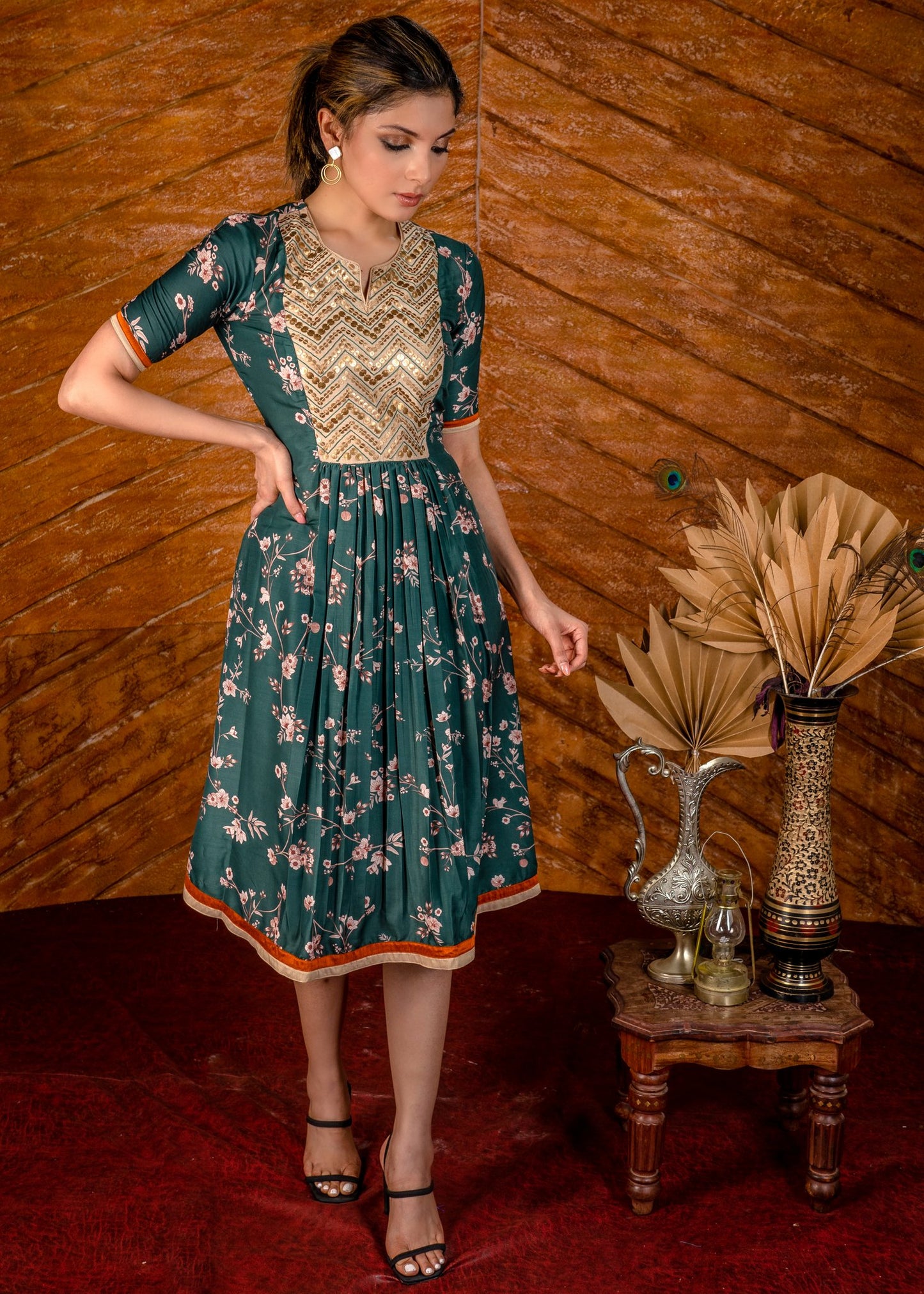 Exclusive printed floral satin dress with hand embroidered embroidered yoke.