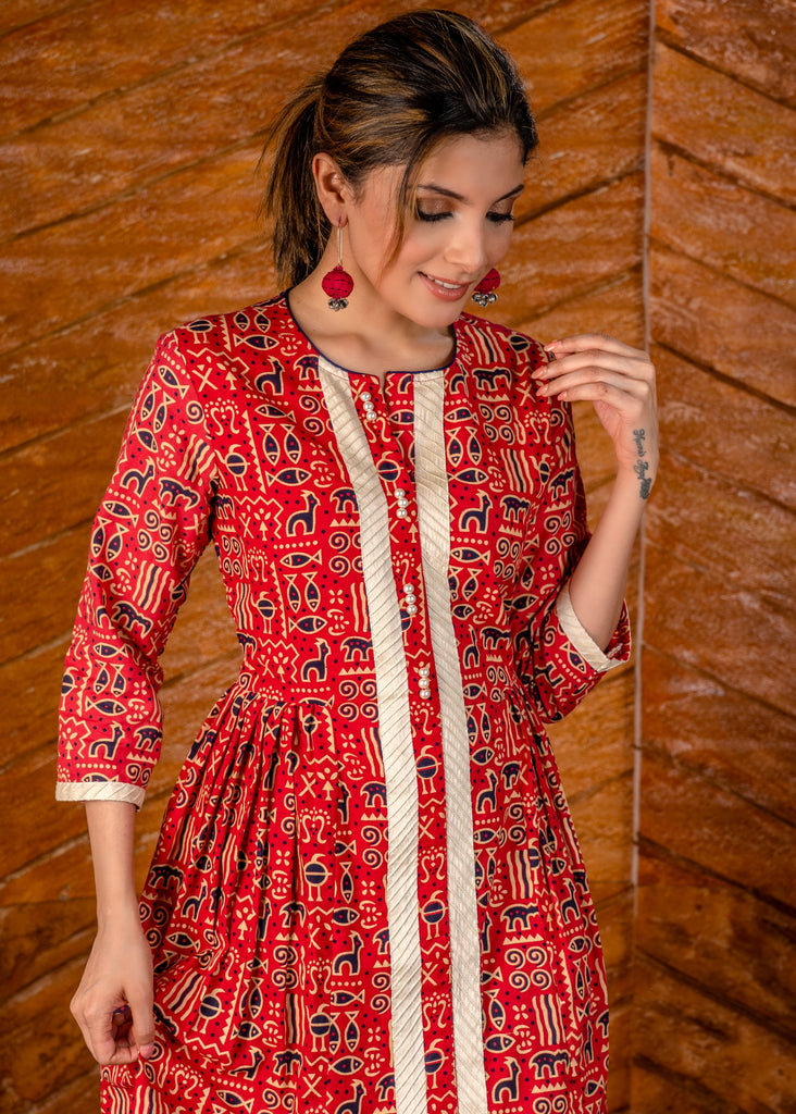 Abstract red Ajrakh printed cotton short dress