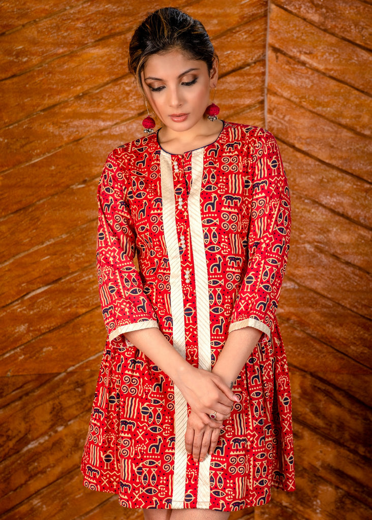 Abstract red Ajrakh printed cotton short dress