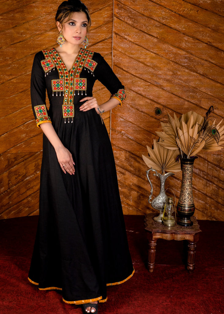 Exclusive black cotton gown with hand embroidered kutch mirror work yoke