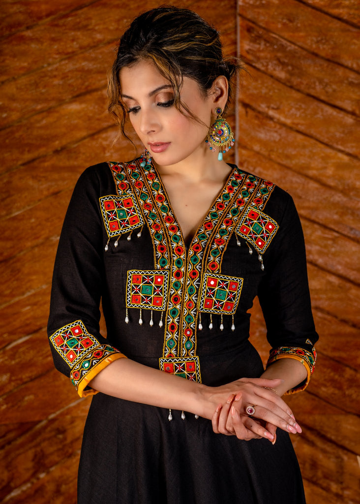 Exclusive black cotton gown with hand embroidered kutch mirror work yoke