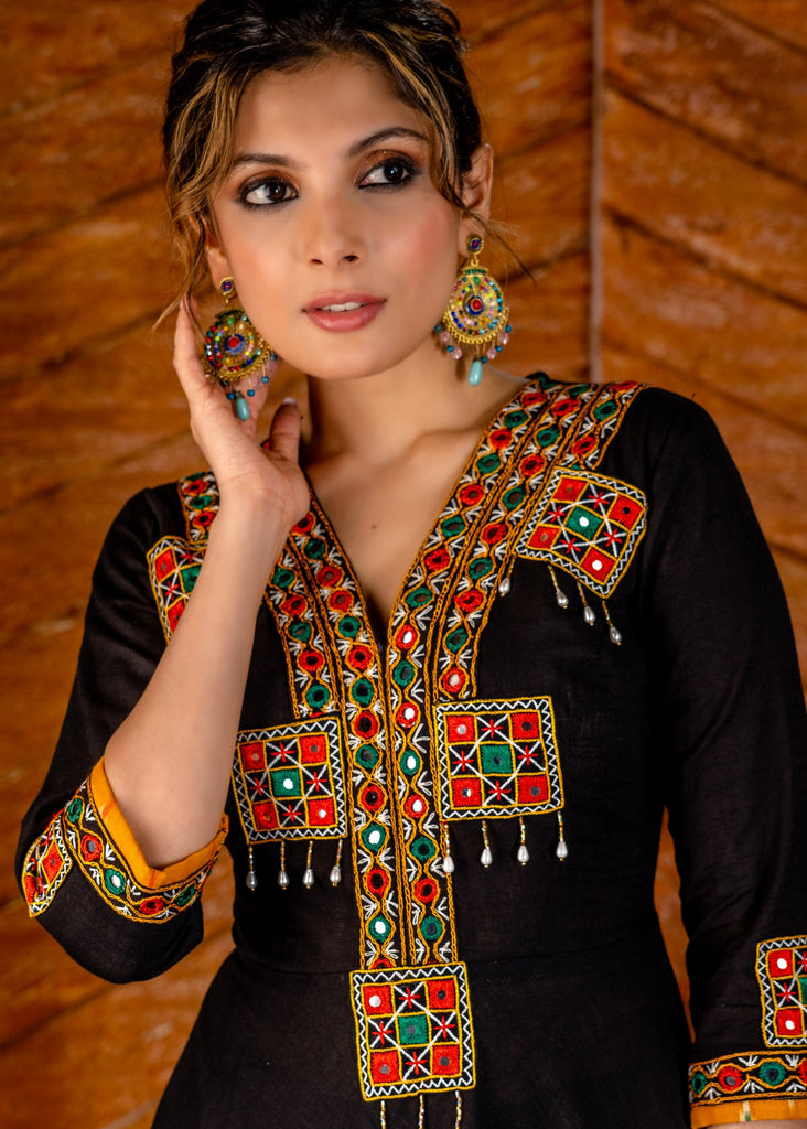 Exclusive black cotton gown with hand embroidered kutch mirror work yoke