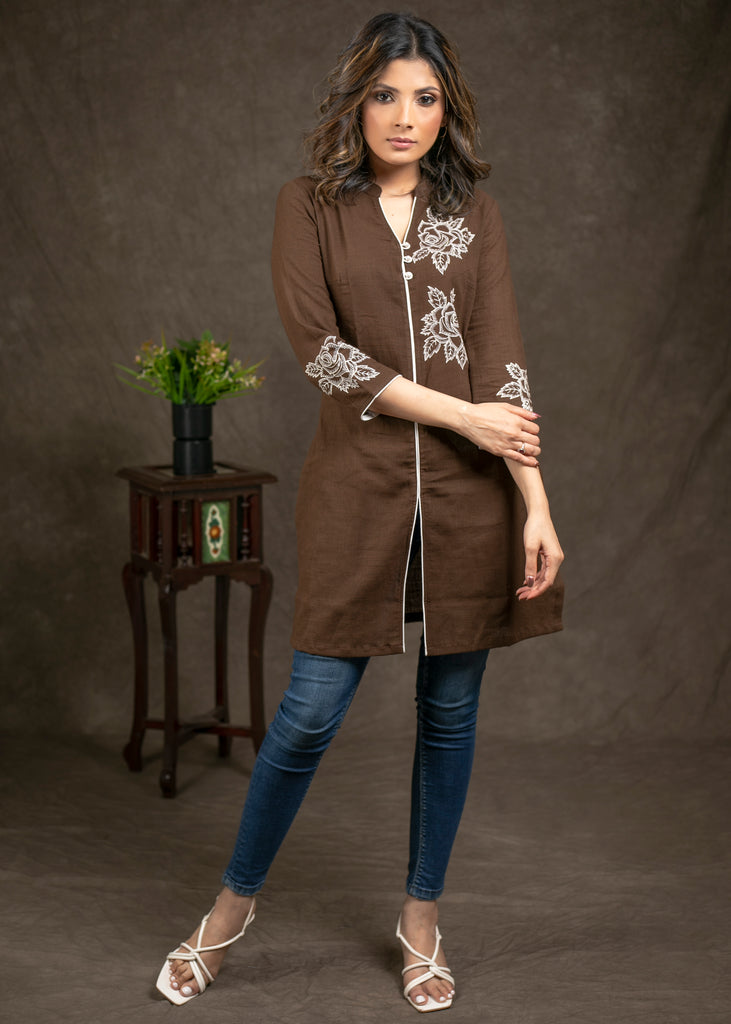 Trendy Coffee Brown Cotton Tunic With Exclusive Hand Painting On Yoke And Sleeves