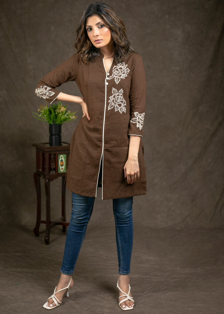 Trendy Coffee Brown Cotton Tunic With Exclusive Hand Painting On Yoke And Sleeves