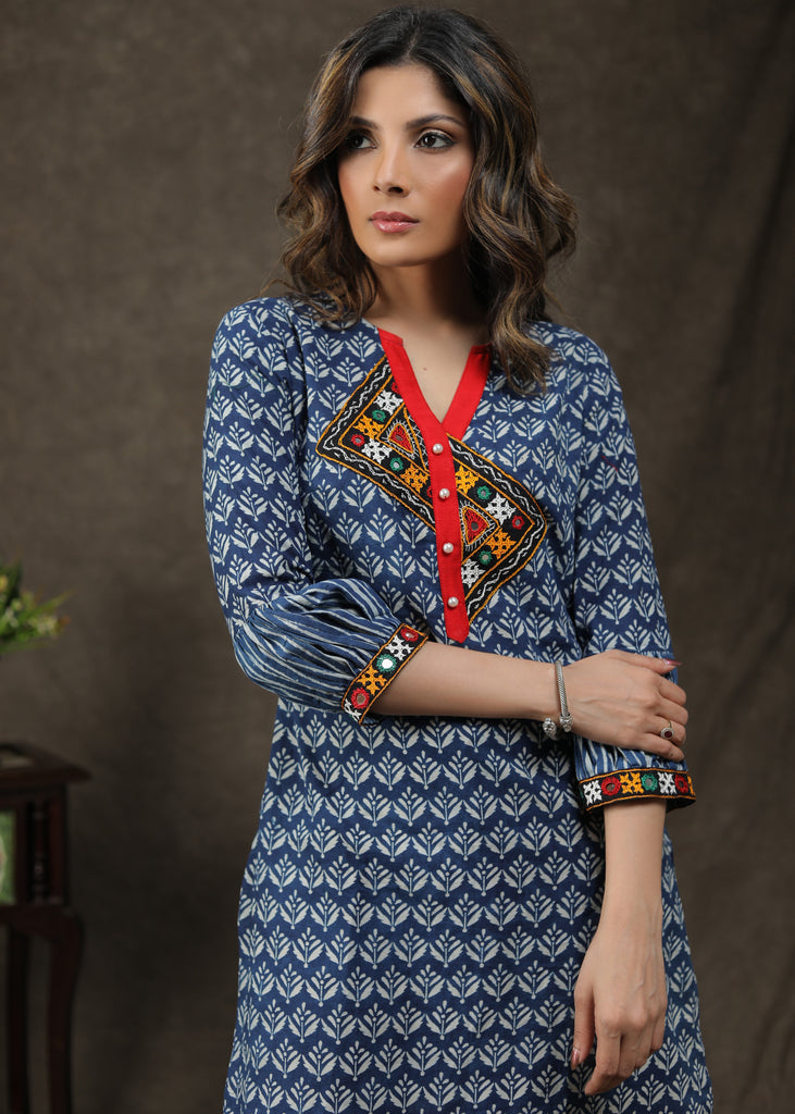 Beautiful Cotton Indigo Tunic With Handmade Kutch Mirror Work And Unique Sleeves