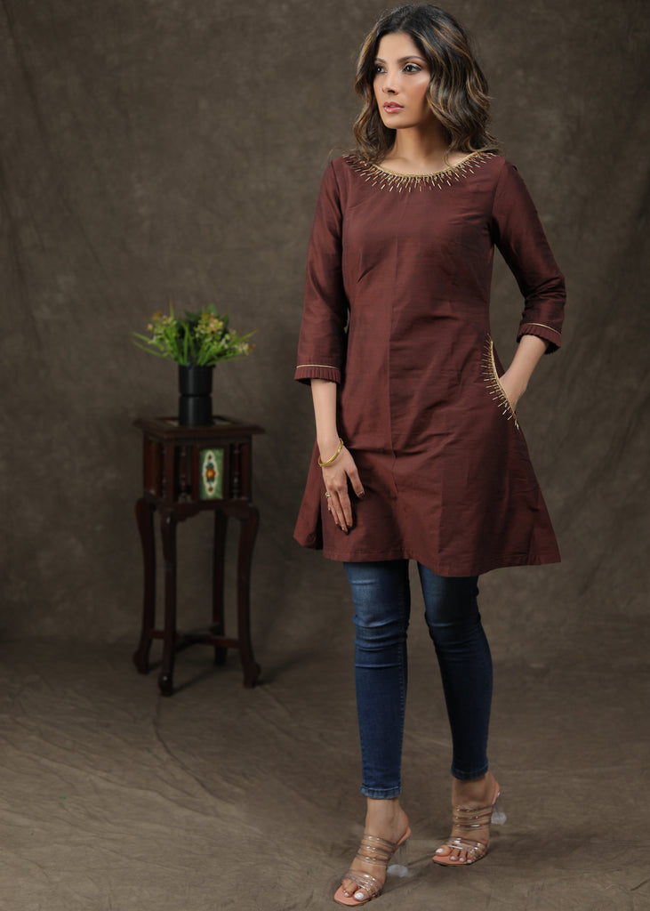 Exclusive Cotton Silk Tunic With Handmade Embroidery On Neck And Pocket