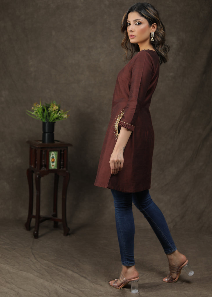 Exclusive Cotton Silk Tunic With Handmade Embroidery On Neck And Pocket