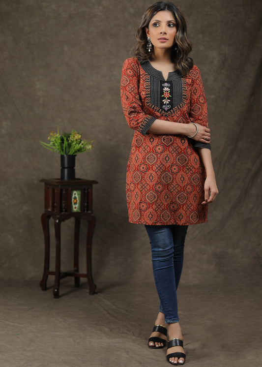 Smart Ajrakh Tunic With Embroidery Work On Yoke
