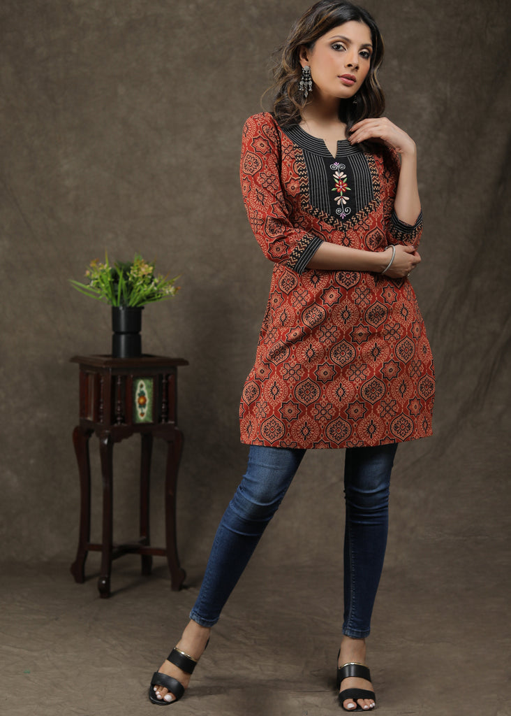 Smart Ajrakh Tunic With Embroidery Work On Yoke
