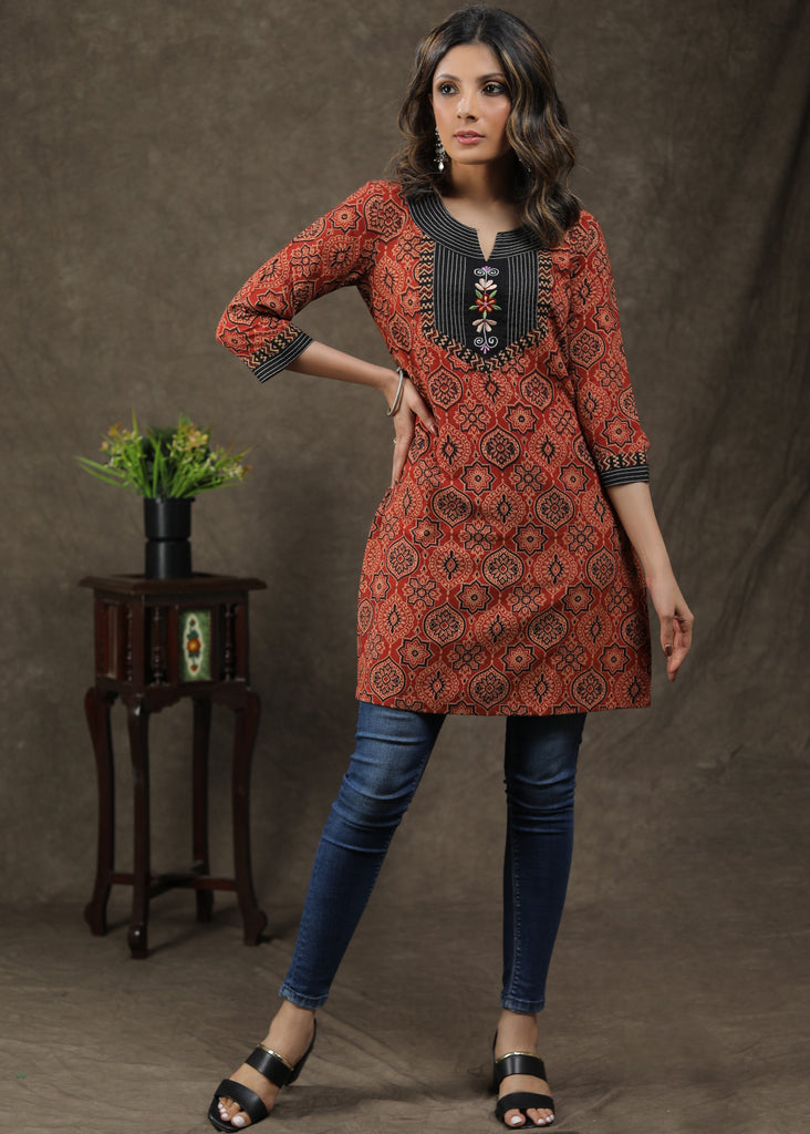 Smart Ajrakh Tunic With Embroidery Work On Yoke
