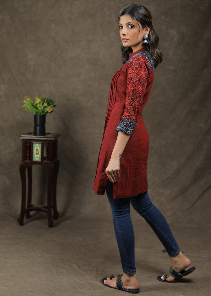Ajrakh Combination Tunic With Pintuck And Stone Work