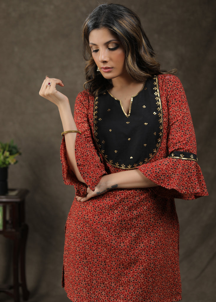 Elegent Cotton Ajrakh Tunic With Attractive Hand Work On Yoke