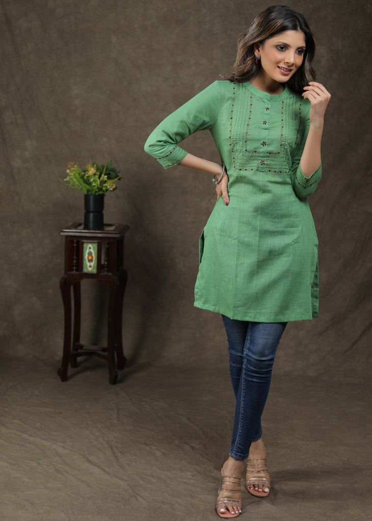 Graceful Cotton Tunic with Stone and Embroidery work on Yoke and Sleeves