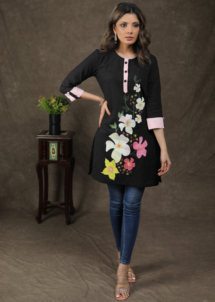 Exclusive Black Cotton Tunic With Beautiful Handpainted Work