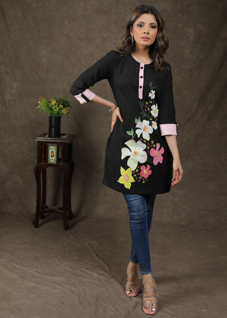 Exclusive Black Cotton Tunic With Beautiful Handpainted Work
