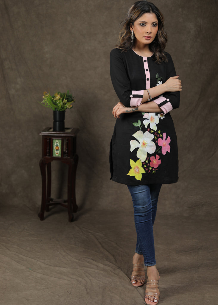 Exclusive Black Cotton Tunic With Beautiful Handpainted Work