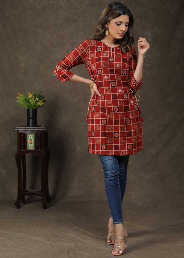 Exclusive Cotton Ajrakh Tunic With Stone Work And Tie String