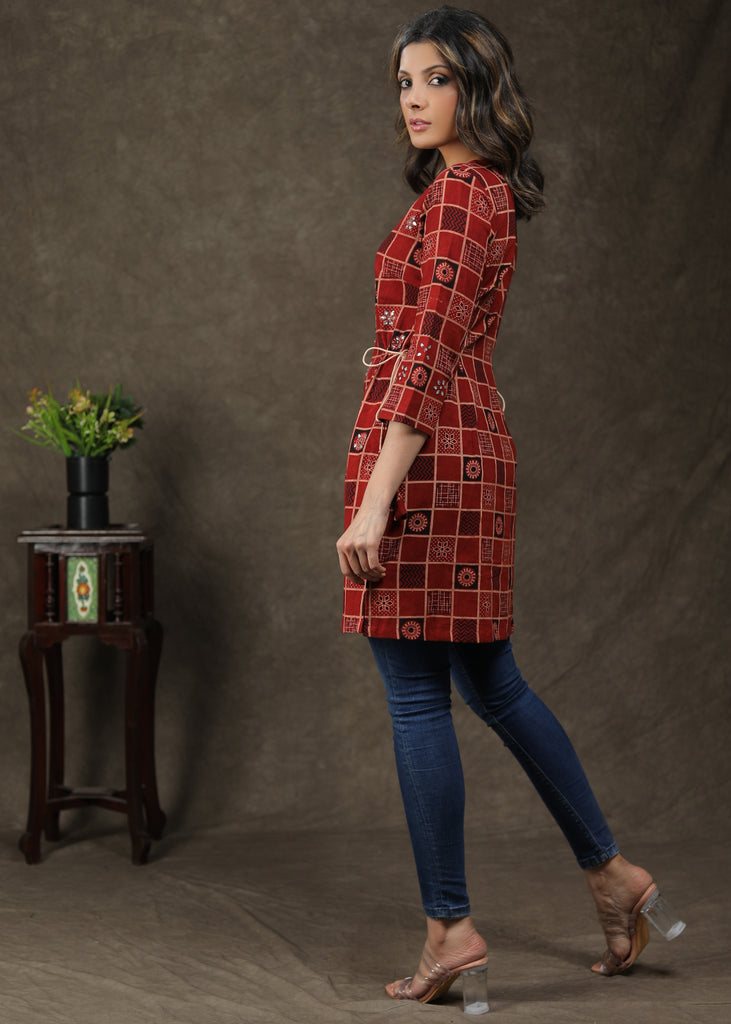 Exclusive Cotton Ajrakh Tunic With Stone Work And Tie String