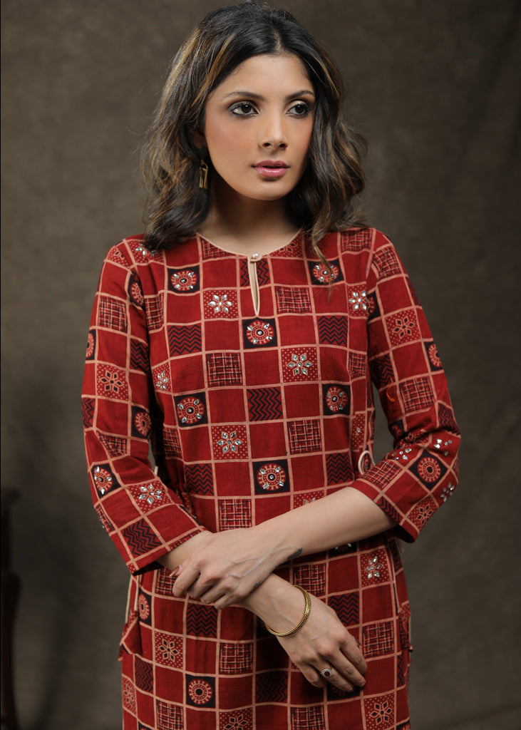 Exclusive Cotton Ajrakh Tunic With Stone Work And Tie String