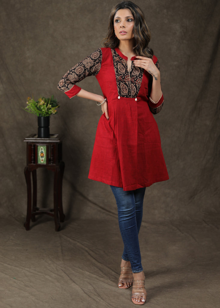 Smart Cotton Ajrakh Tunic With Shell On Yoke