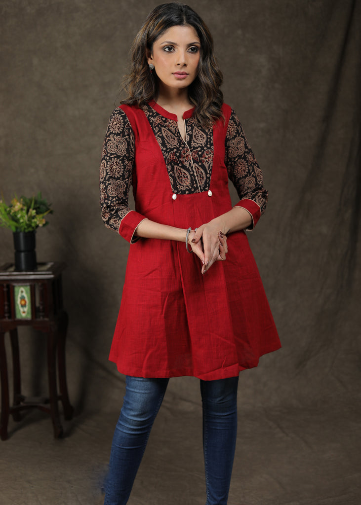 Smart Cotton Ajrakh Tunic With Shell On Yoke