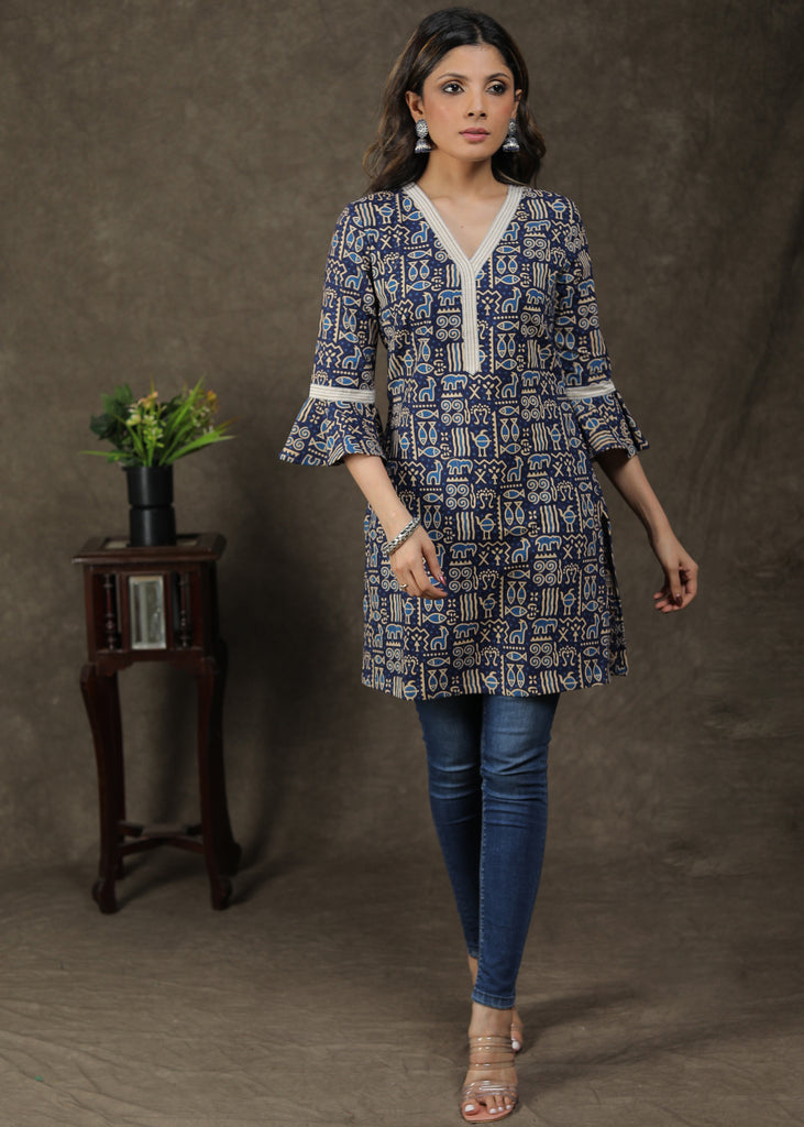 Elegant Cotton Ajrakh Tunic With Animal Print