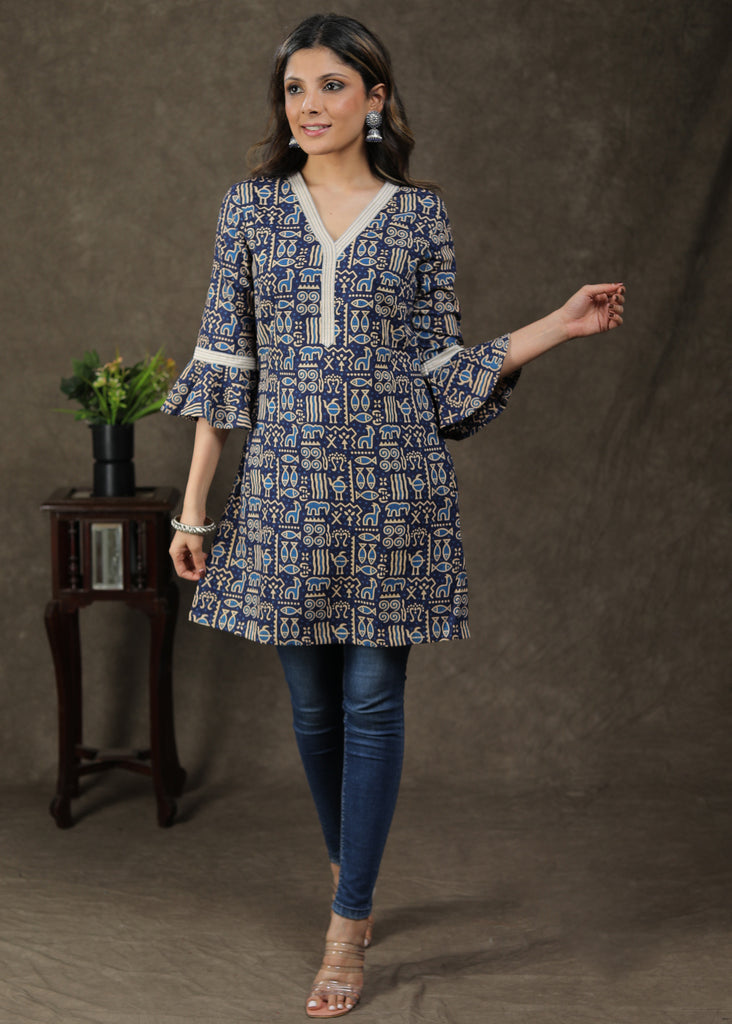 Elegant Cotton Ajrakh Tunic With Animal Print