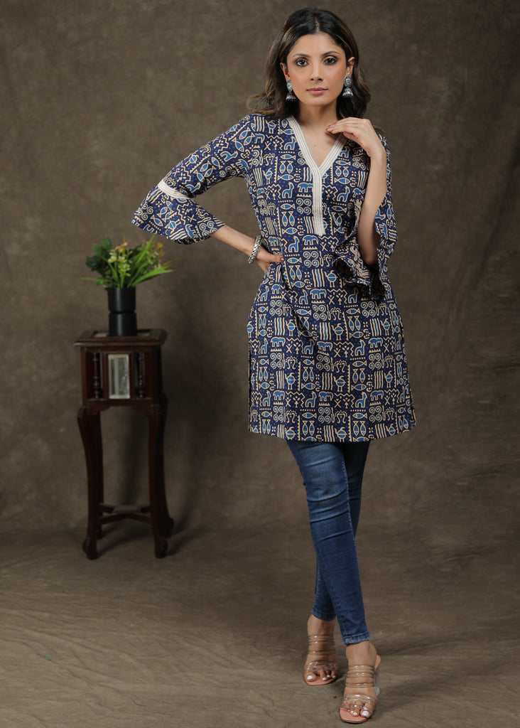 Elegant Cotton Ajrakh Tunic With Animal Print