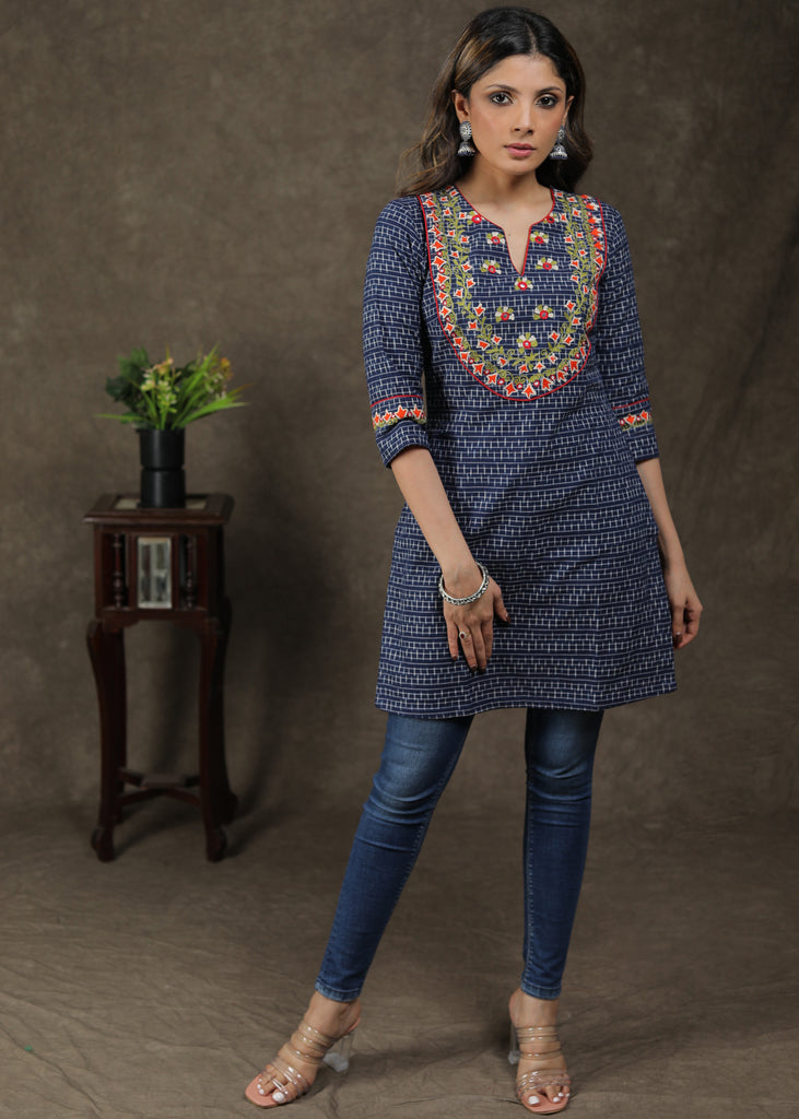 Smart Rich Ikat Tunic With Beautiful Embroidered Yoke