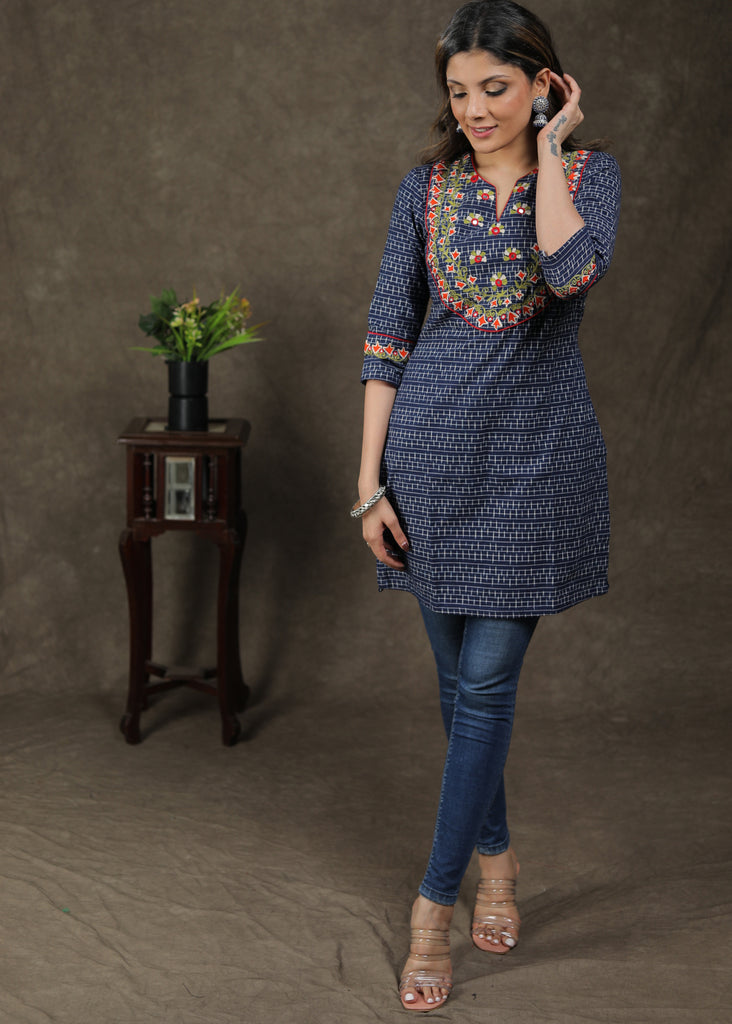 Smart Rich Ikat Tunic With Beautiful Embroidered Yoke